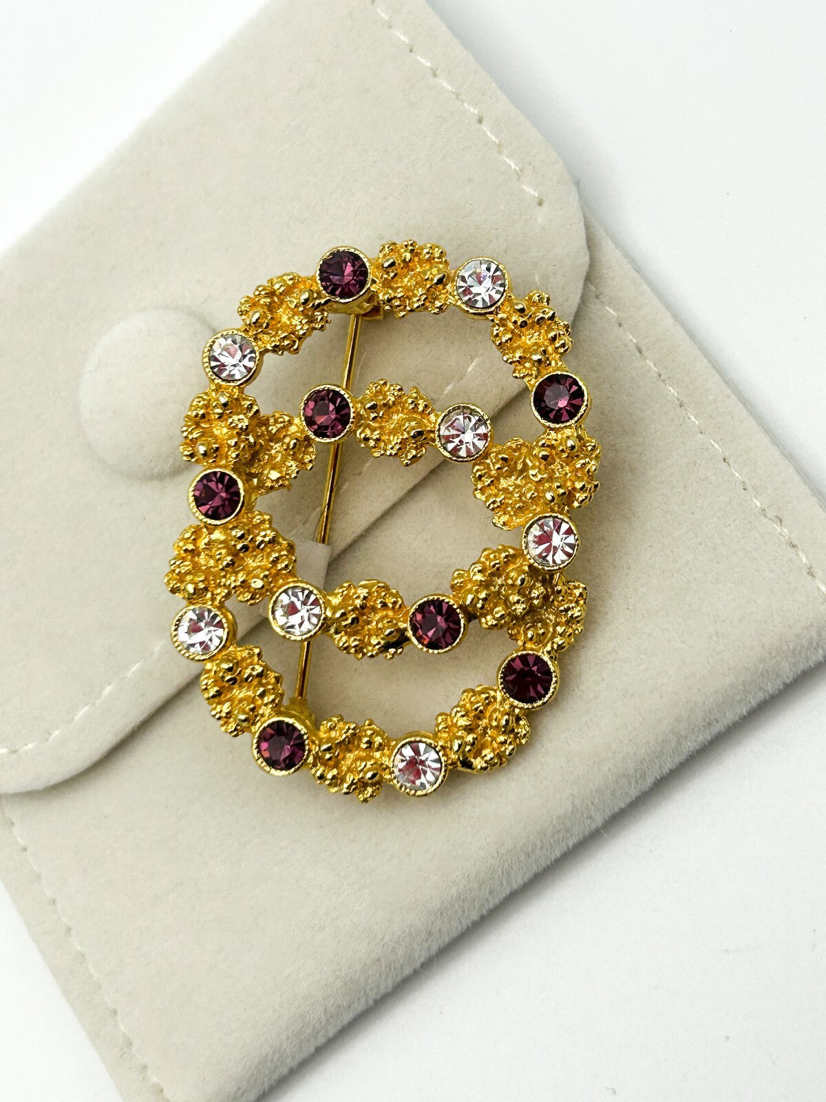 Vintage WEST Rhinestone Brooch Gold Tone Double Circle Purple Clear Pin