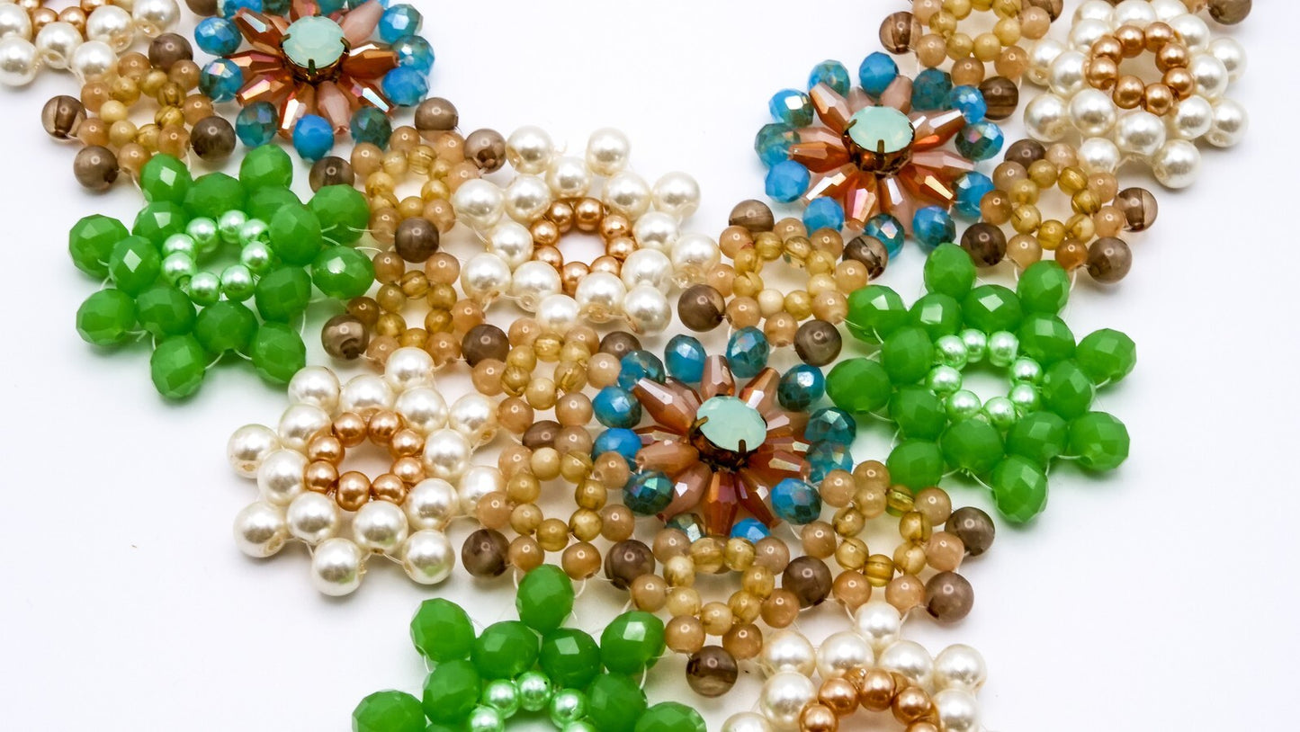 Glass Floral Bib Necklace with Gold Tone Chain | Folkcore, Boho, 12.5"