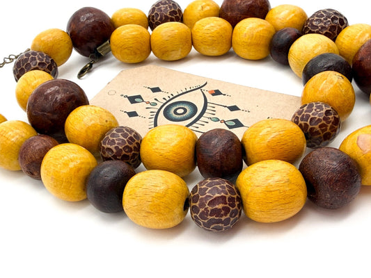 Long Wooden Bead Necklace Yellow Brown Natural Wood 30” Boho