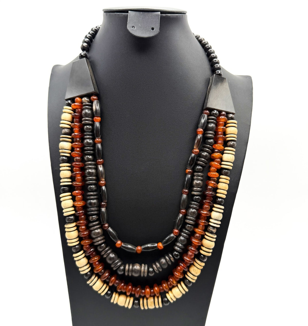 Multistrand Boho Amber & Wood Beaded Necklace Natural Tribal-Inspired Beach