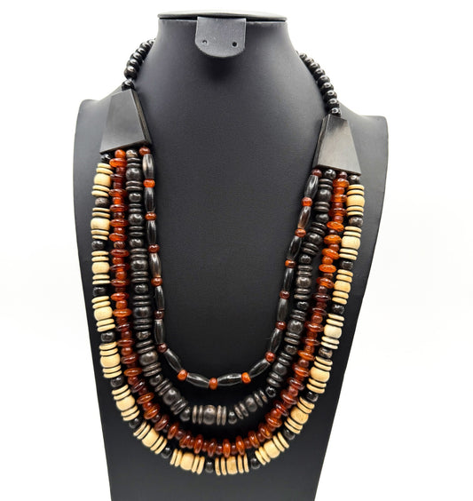 Multistrand Boho Amber & Wood Beaded Necklace Natural Tribal-Inspired Beach