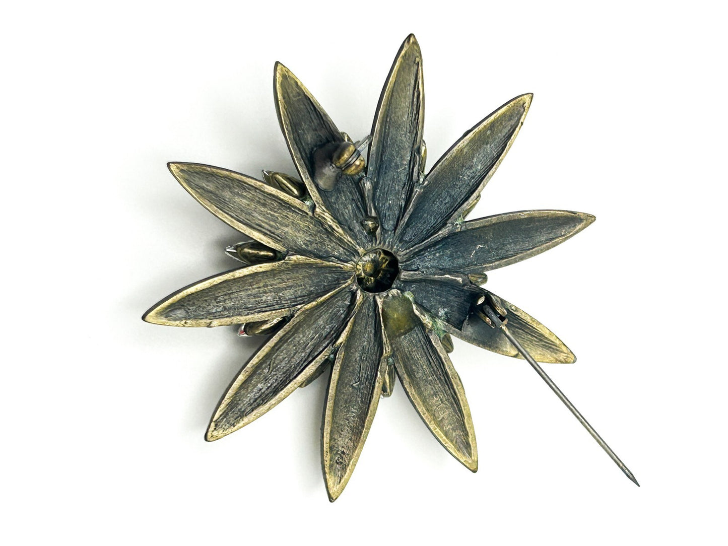 Vintage Green Tones Enamel & Glass Flower Brooch