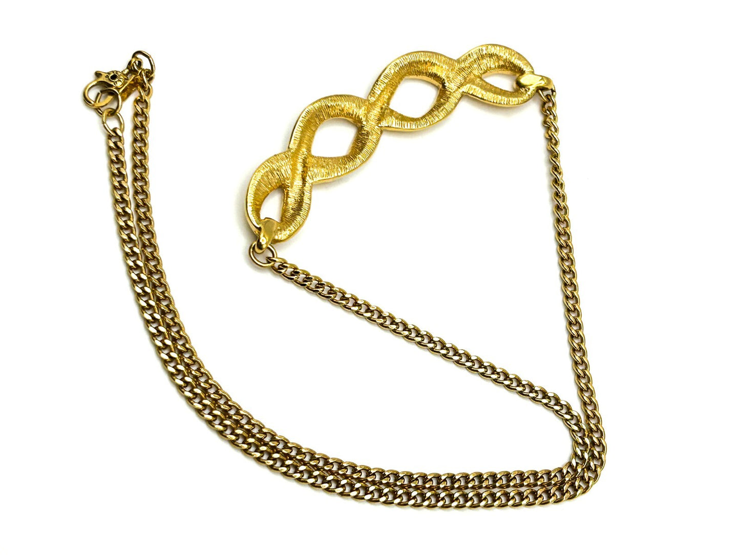 Signed Monet Gold Tone Chain Necklace with Cream Enamel Ribbon Pendant