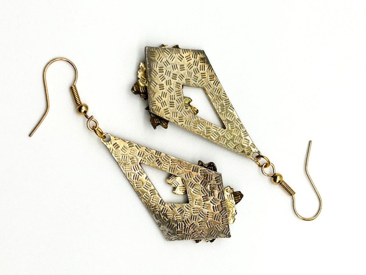 Vintage Cloisonné Floral Geometric Drop Earrings Rhinestone Detail Black Green