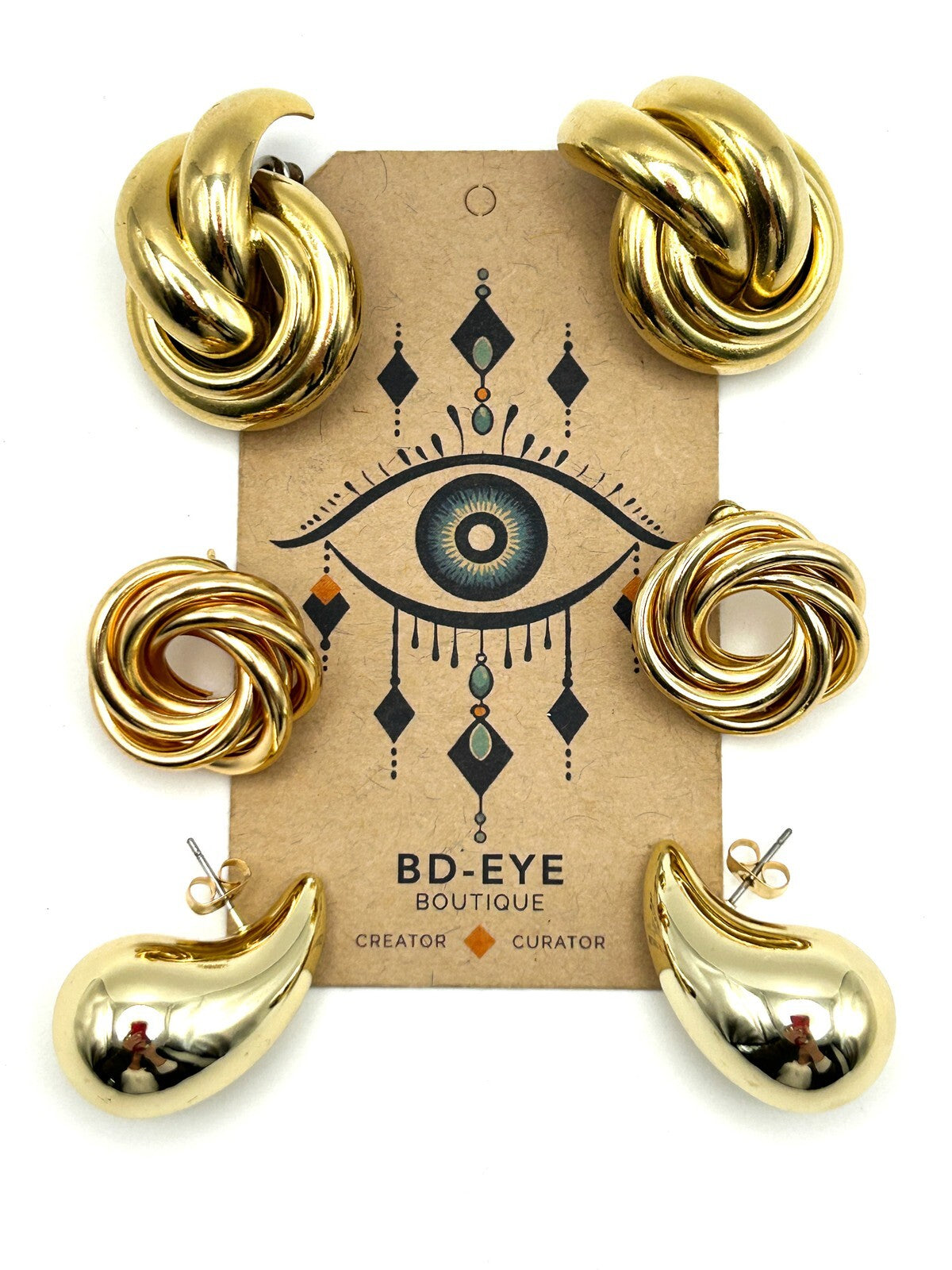 Gold Tone Statement Stud Earrings Set Knot Swirl Teardrop Trio