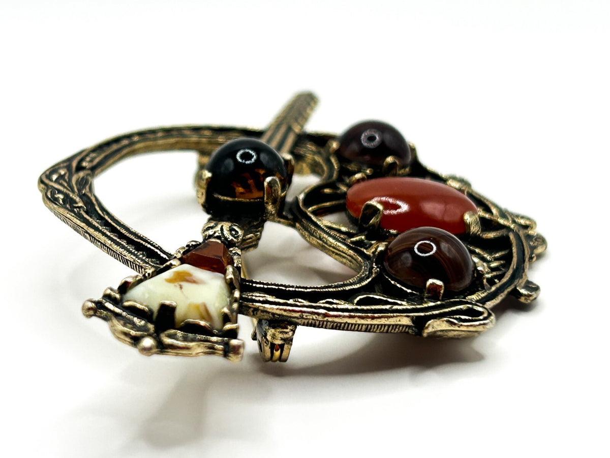 Miracle Celtic Brooch Vintage Faux Carnelian Agate Glass Penannular Cloak Pin