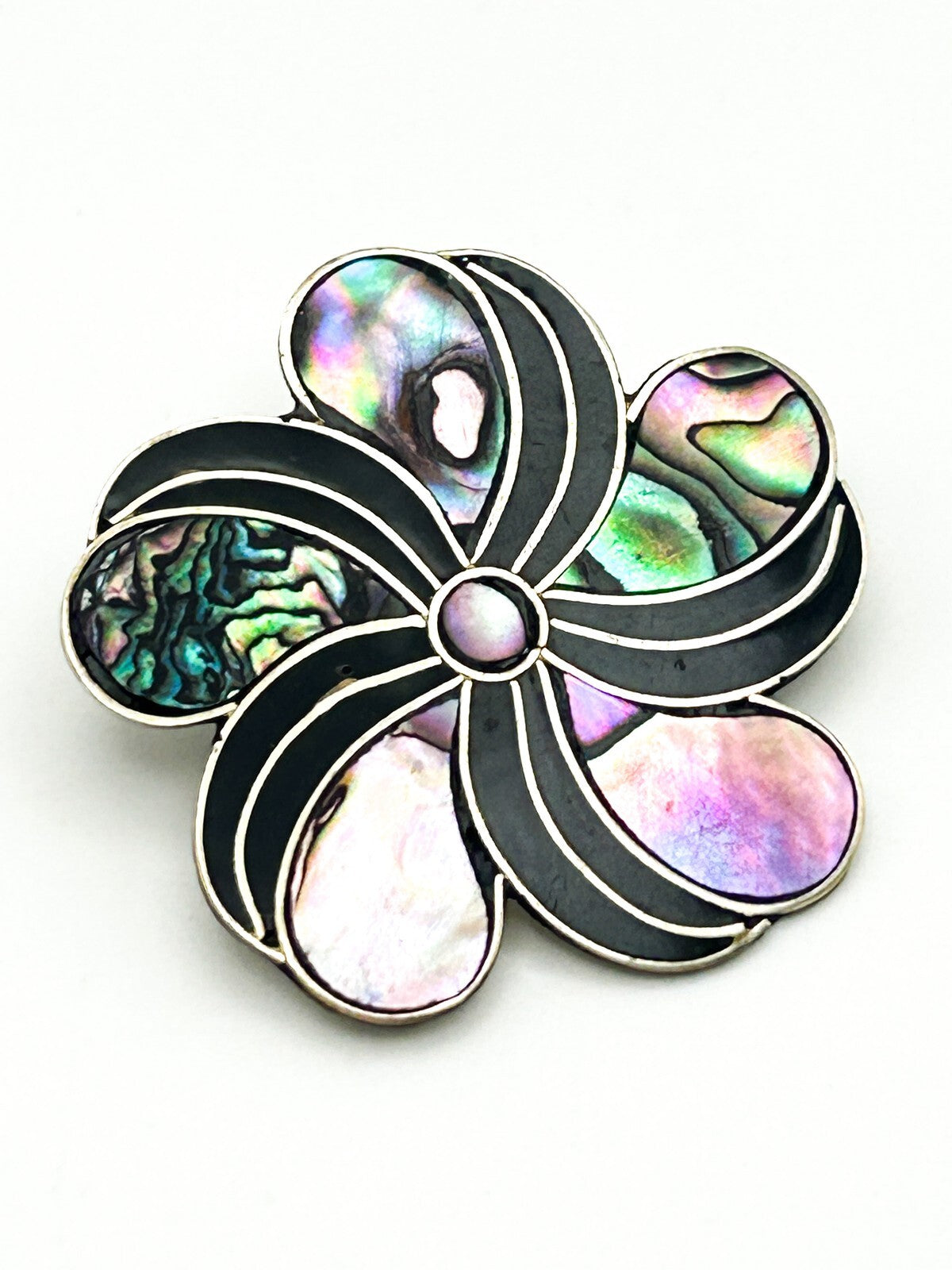 Vintage Alpaca Mexico Abalone Shell Inlay Flower Brooch Black Enamel Swirl