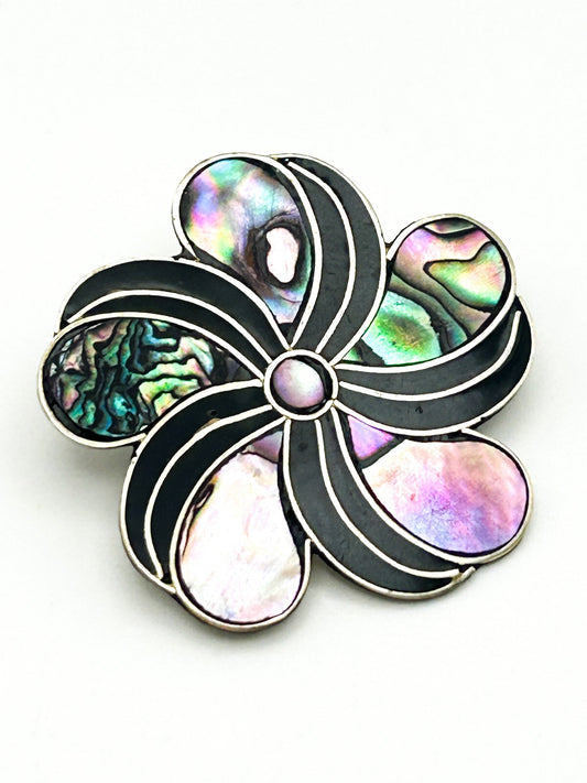 Vintage Alpaca Mexico Abalone Shell Inlay Flower Brooch Black Enamel Swirl
