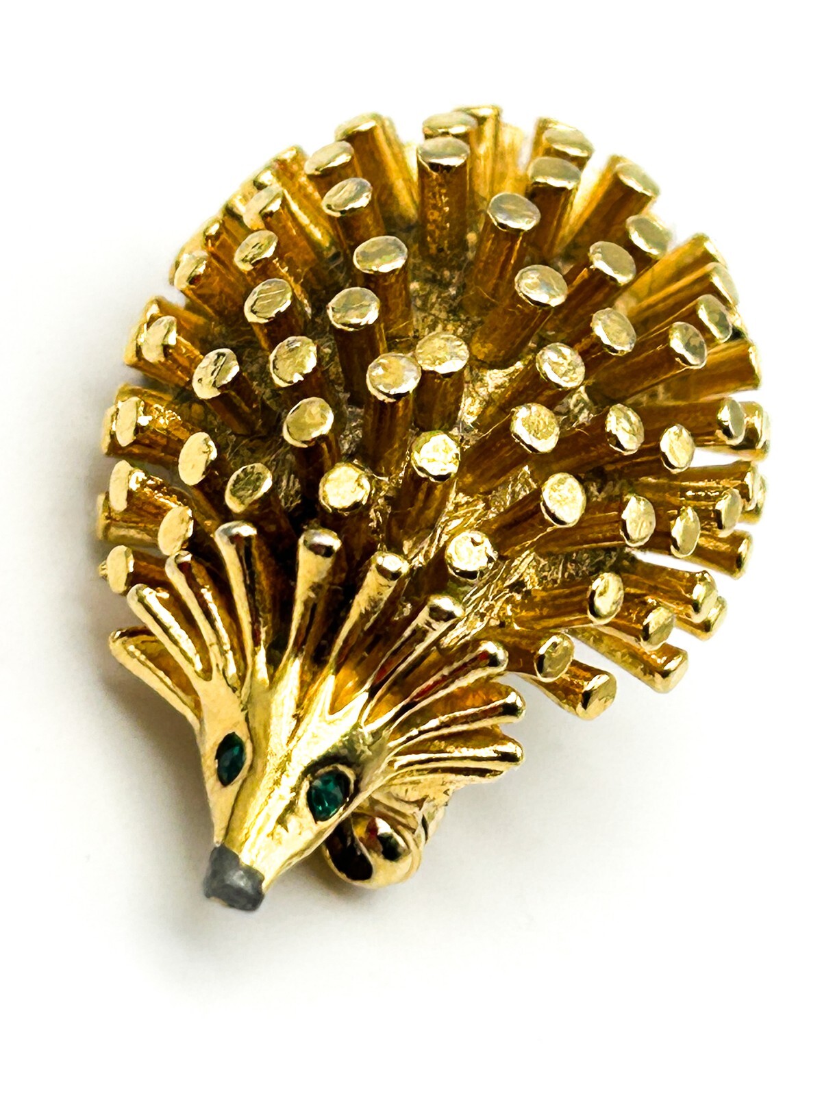 Vintage Hedgehog Brooch Gold Tone Animal Pin Green Rhinestone Eyes