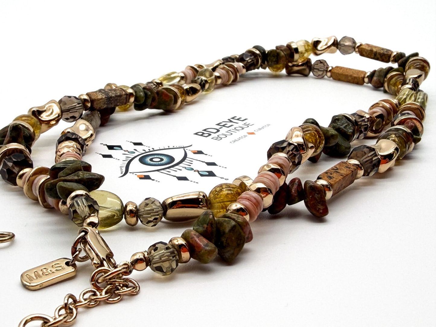 M&S Long Beaded Necklace Unakite Jasper Shell Multi Strand Earth Tone Statement