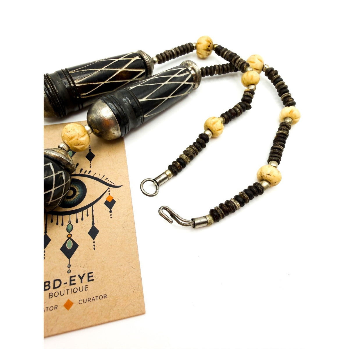 Vintage Carved Necklace Boho Organic Material Tribal Silver Bead Caps