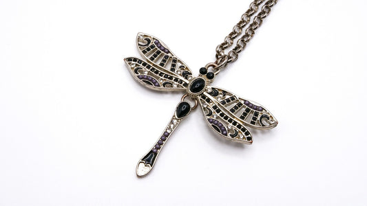 Articulated Dragonfly Pendant Necklace – Silver Tone