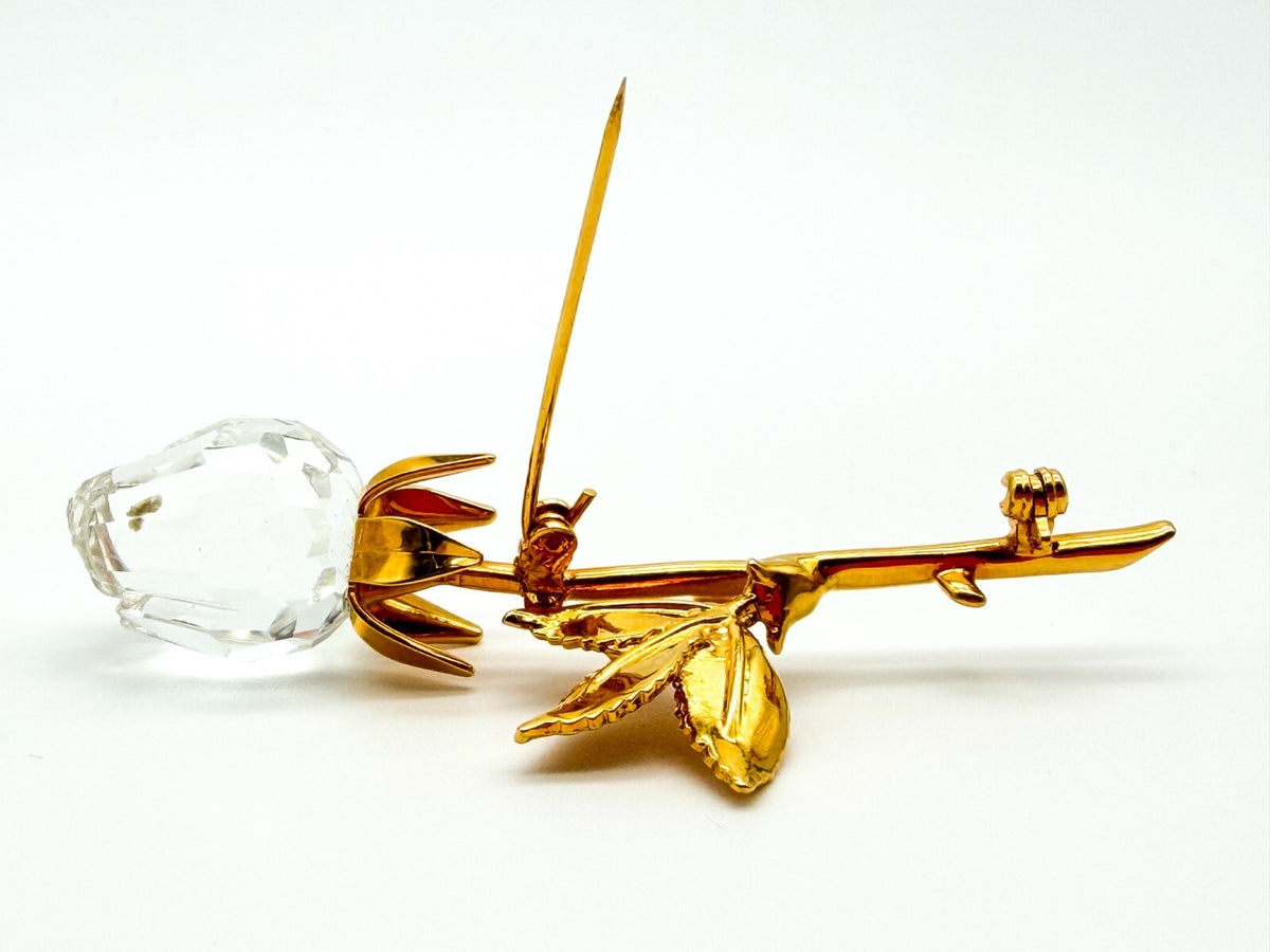 Vintage Large Gold Tone Rose Flower Brooch Pin Crystal Statement Floral