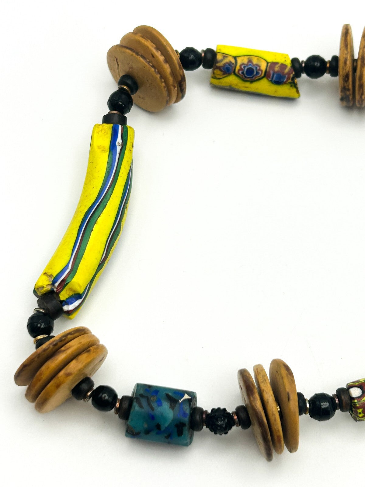 Antique Venetian Millefiori African Trade Bead Necklace Coconut Shell 23”