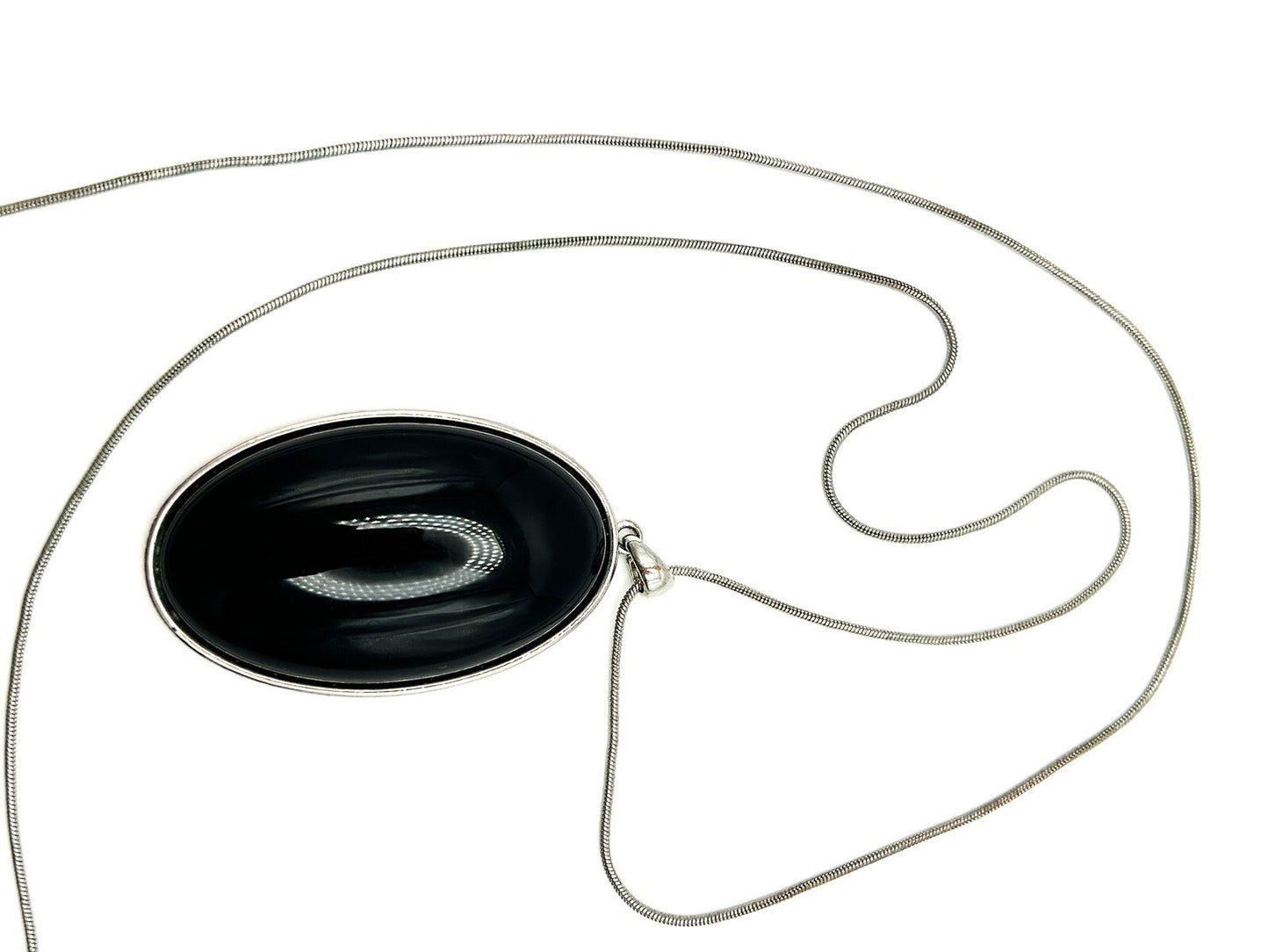 Black Cabochon Pendant Necklace Silver Tone Oval Statement Necklace