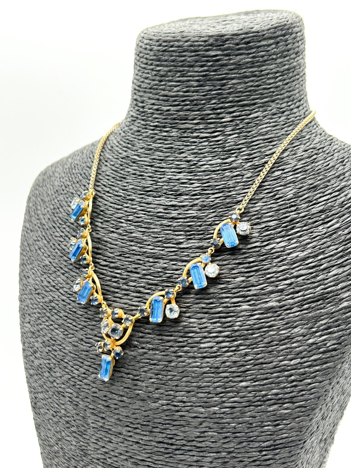 Vintage Blue Rhinestone Necklace Gold Tone Baguette Crystal Statement 1930s-50s