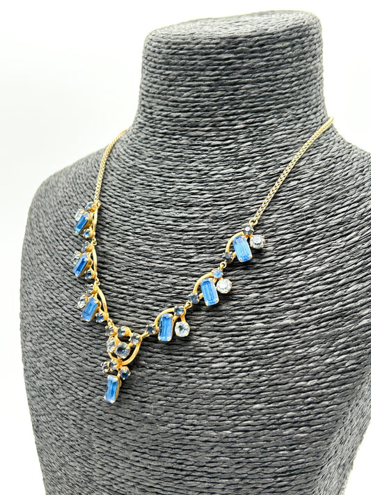 Vintage Blue Rhinestone Necklace Gold Tone Baguette Crystal Statement 1930s-50s