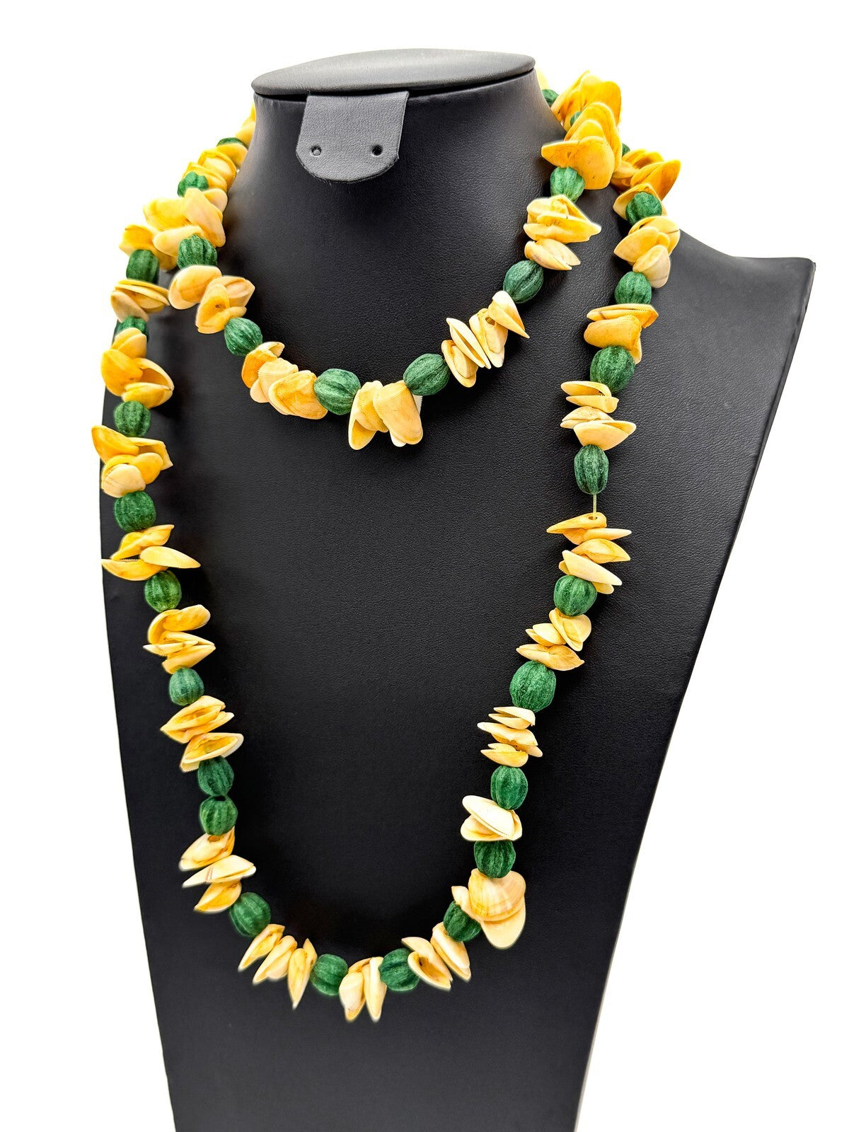 Vintage Boho Lei-style Shell and Dyed Seed Long Beaded Necklaceed