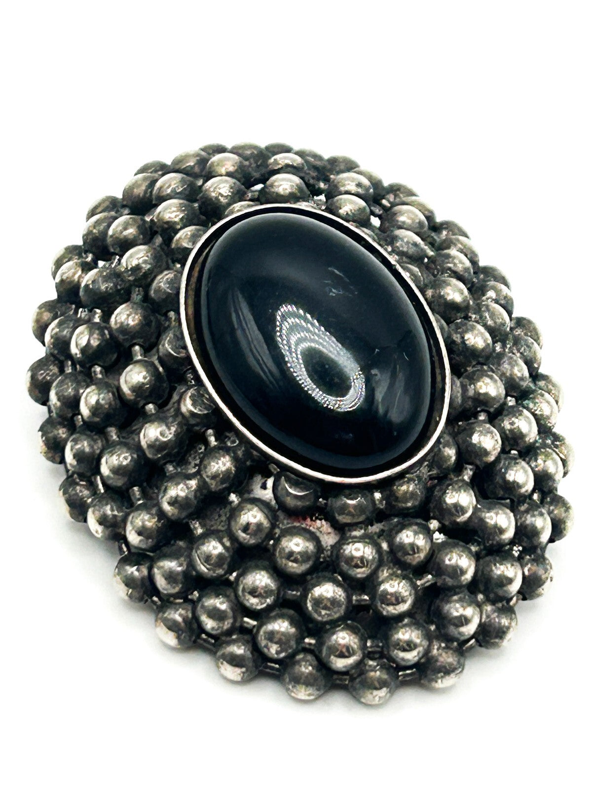 Vintage Black Cabochon Brooch Victorian Revival Style Silver Tone Domed Pin
