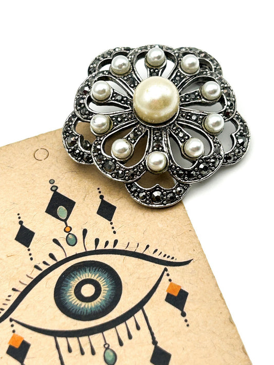 Vintage Faux Pearl Marcasite Flower Brooch Silver Tone Floral Pin 4cm