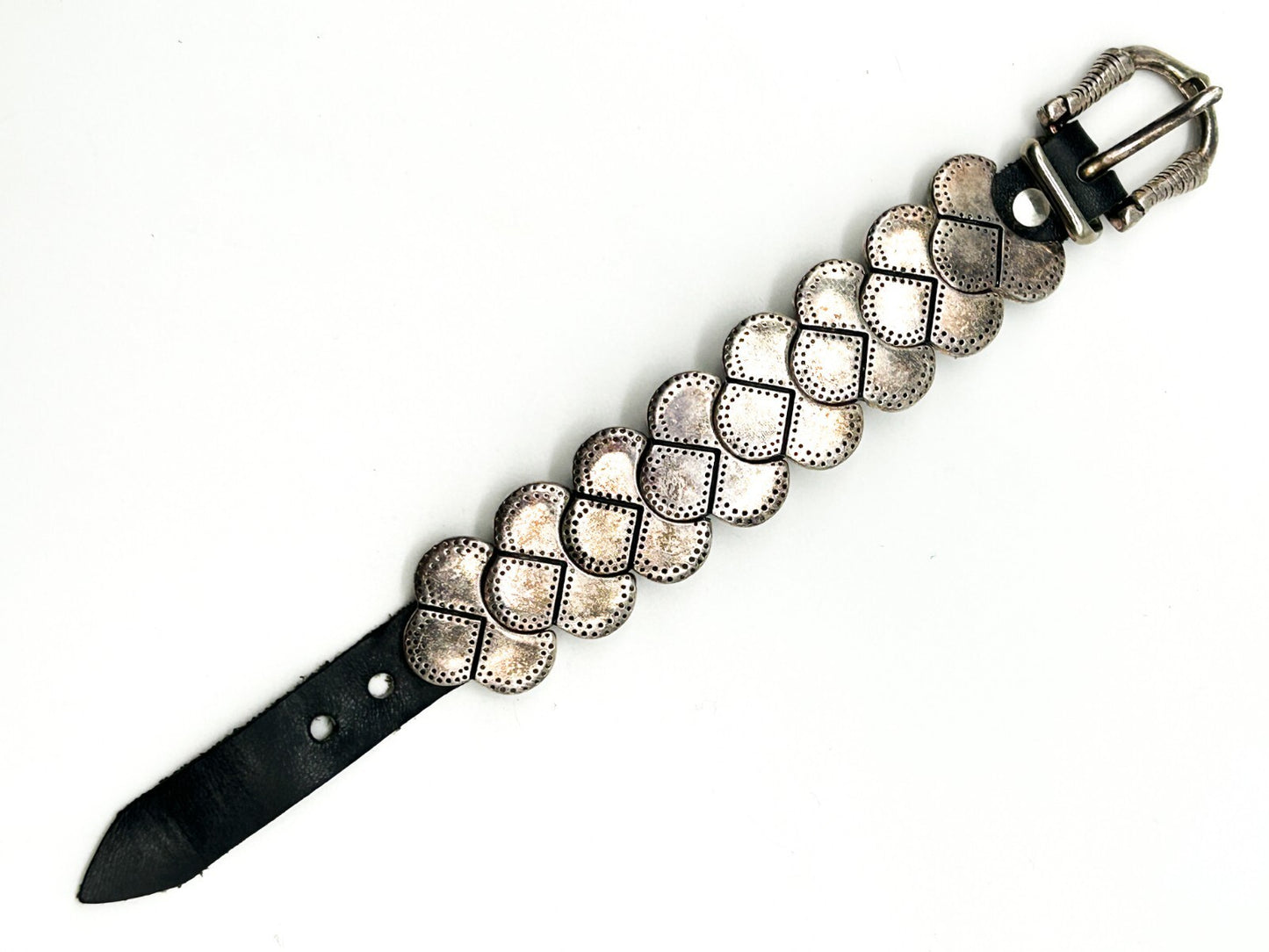 Industrial Silver Tone Cuff Bracelet Black Faux Leather Studded Strap Buckle