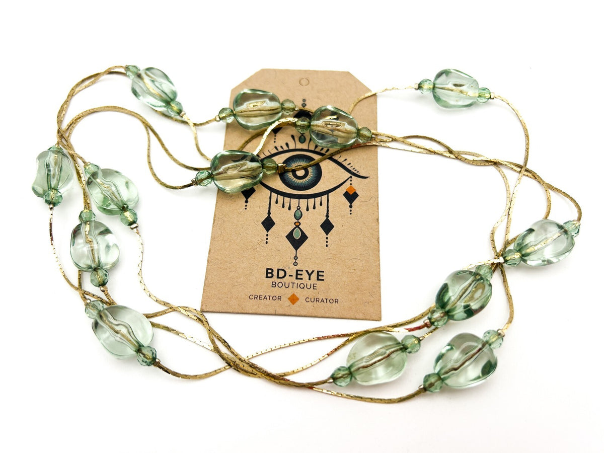 Long Pale Green Acrylic Bead Necklace Multi Strand Gold Tone Layered 34”