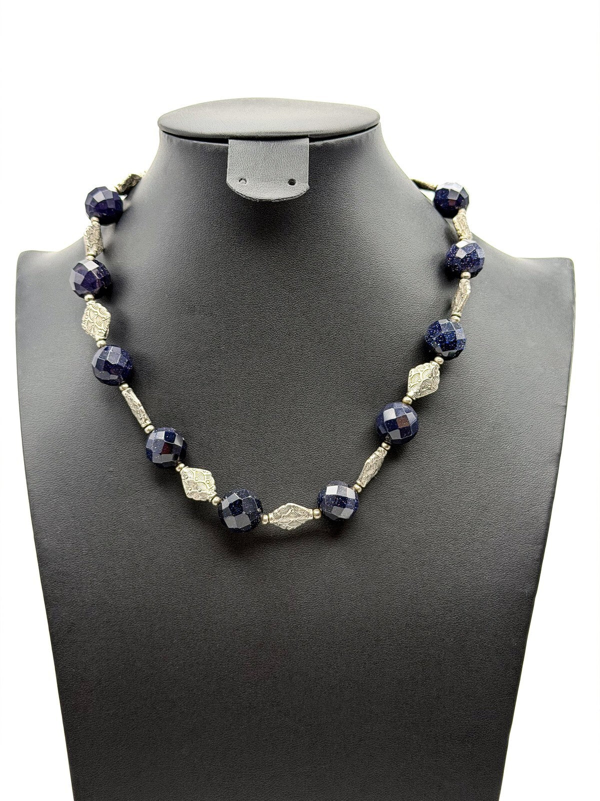 Deep Purple Sparkly Faceted Beaded Necklace with Silver Embossed Diamond Spacers