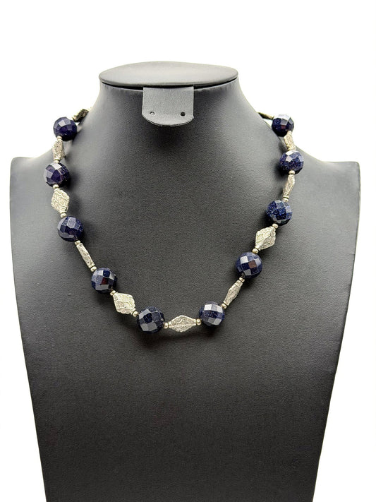 Deep Purple Sparkly Faceted Beaded Necklace with Silver Embossed Diamond Spacers