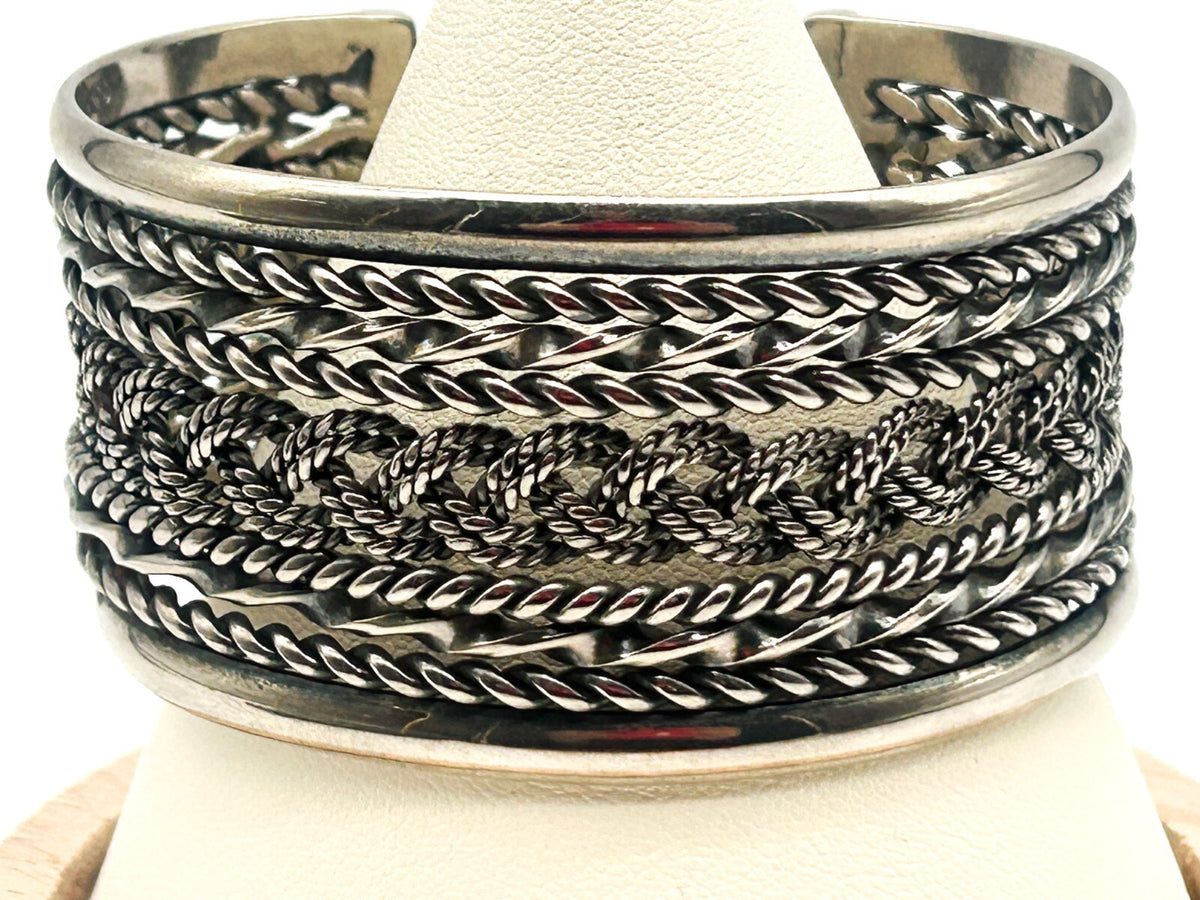 Silver Tone Woven Braid Rope Effect Cuff Bracelet Chunky Wide Adjustable Bangle
