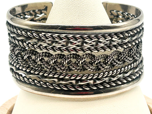Silver Tone Woven Braid Rope Effect Cuff Bracelet Chunky Wide Adjustable Bangle