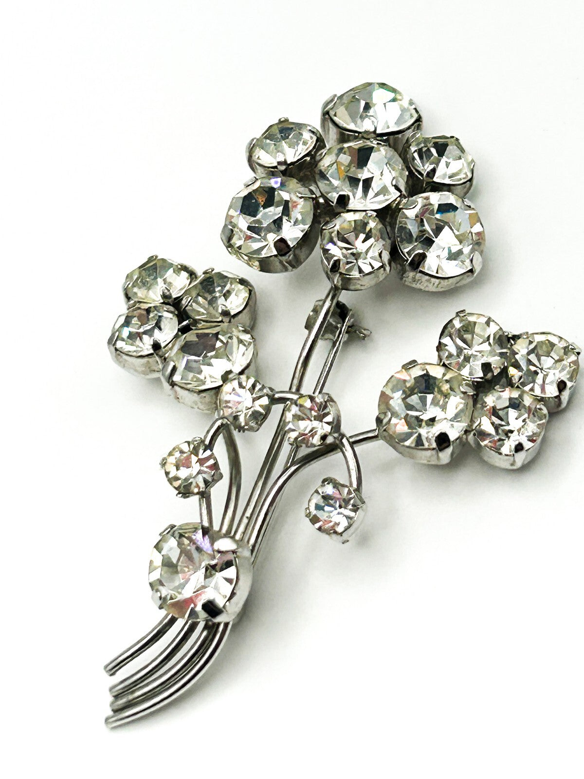 Vintage Rhinestone Flower Brooch Silver Tone Bouquet Pin