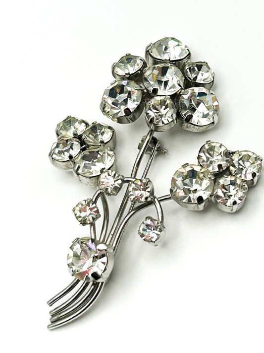 Vintage Rhinestone Flower Brooch Silver Tone Bouquet Pin