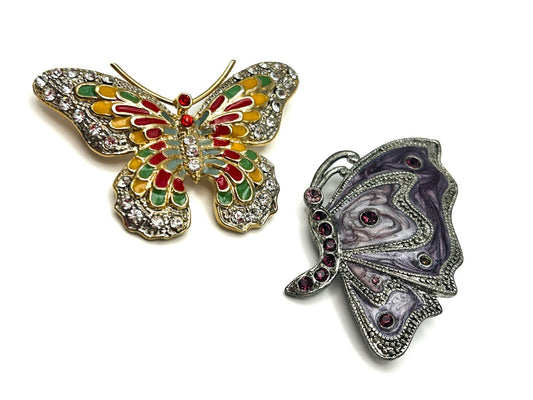 Vintage Butterfly Brooch Duo - Enamel & Rhinestone Pins Insects