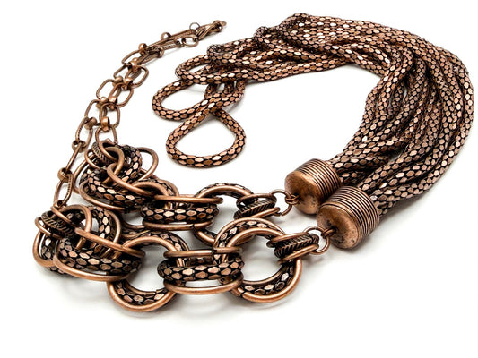 Bronze Tone Multi-Chain Statement Necklace – Paperclip & Mesh Layers, 37”