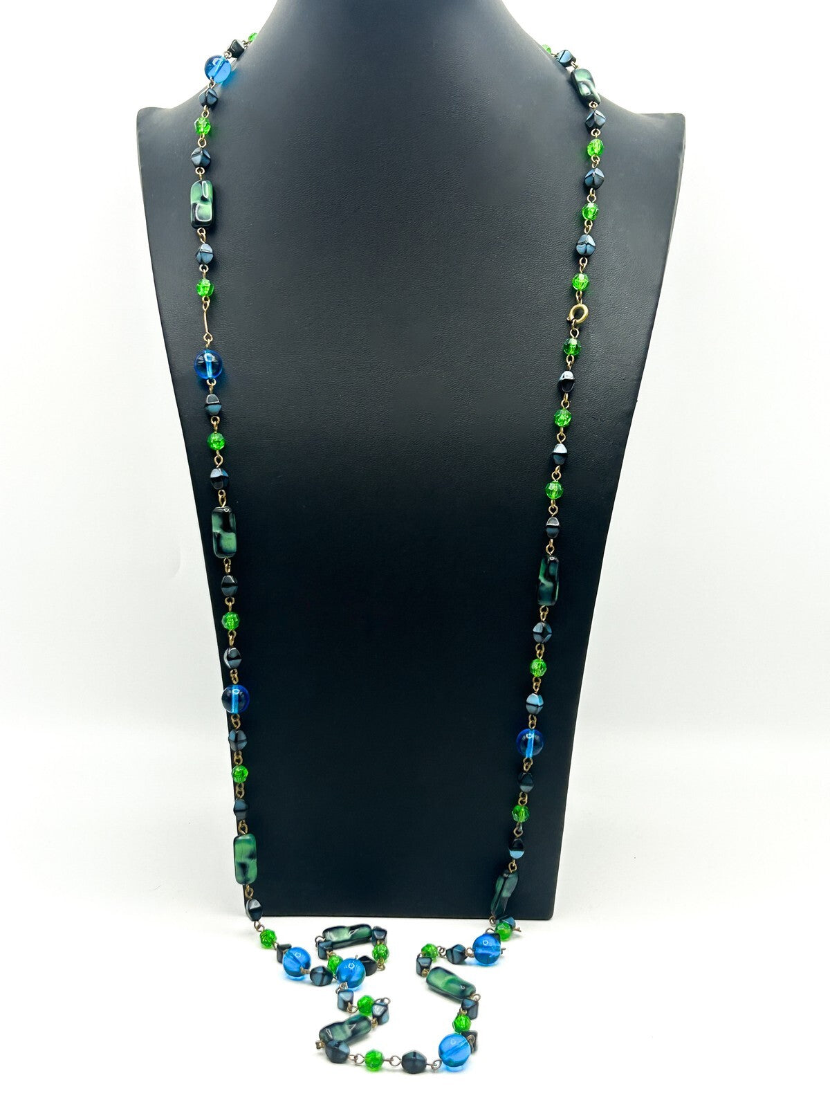 Vintage Blue and Green Glass and Acrylic Long Beaded Necklace