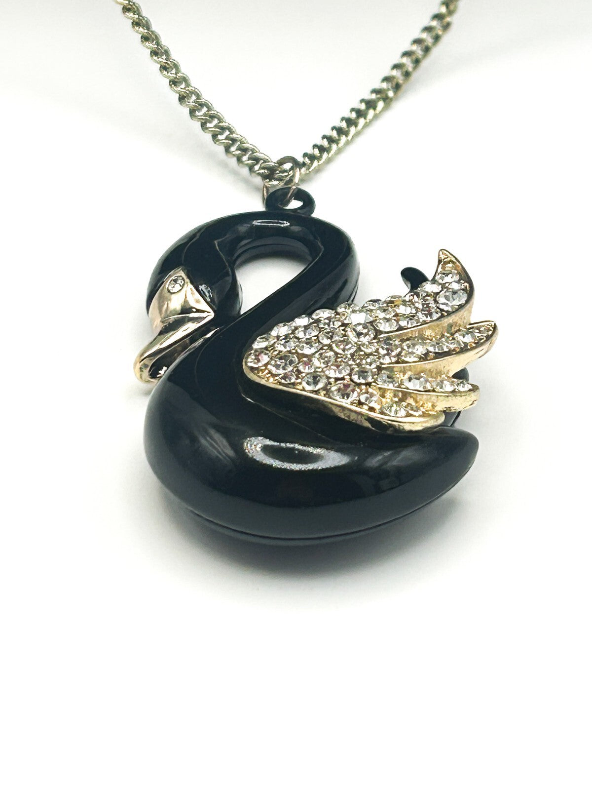 Black, Gold & Rhinestone Swan Pendant Necklace on Gold Tone Chain
