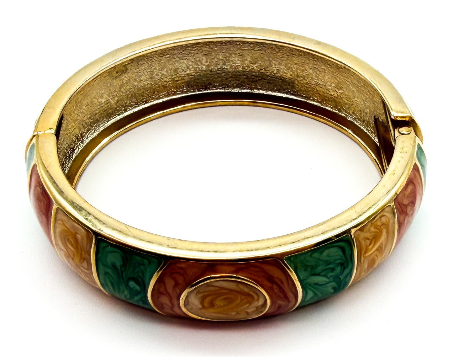 Y2K Enamel Stripe Hinged Bangle Bracelet in Green, Peach & Champagne Gold Tone