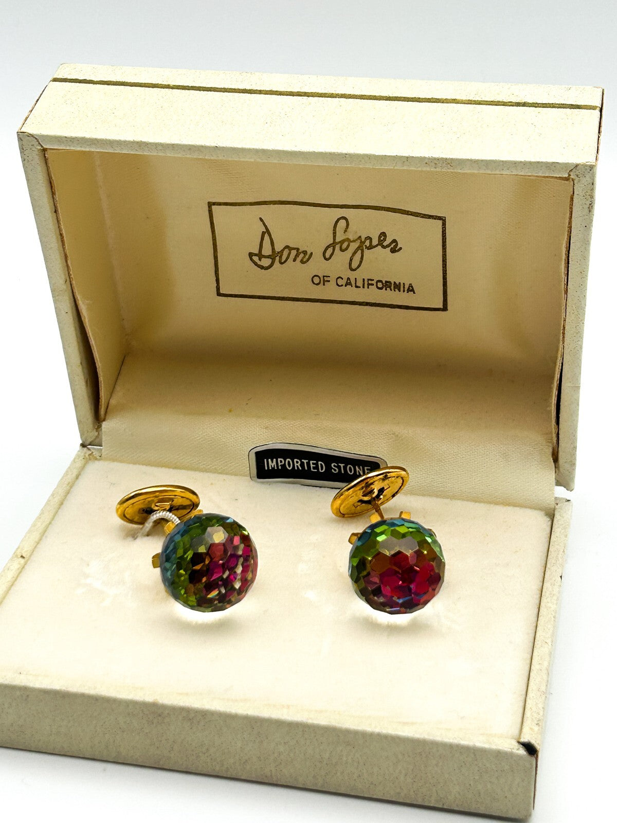 Don Loper Rock Crystal Cufflinks Gold Tone Iridescent Colour Shift Vintage Boxed
