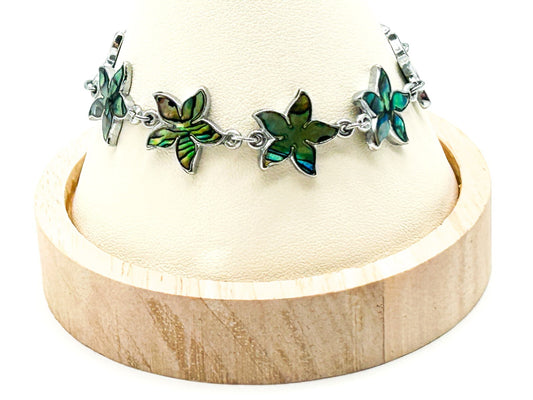 Abalone Shell Flower Bracelet Silver Tone Floral Link Bracelet 6.5”