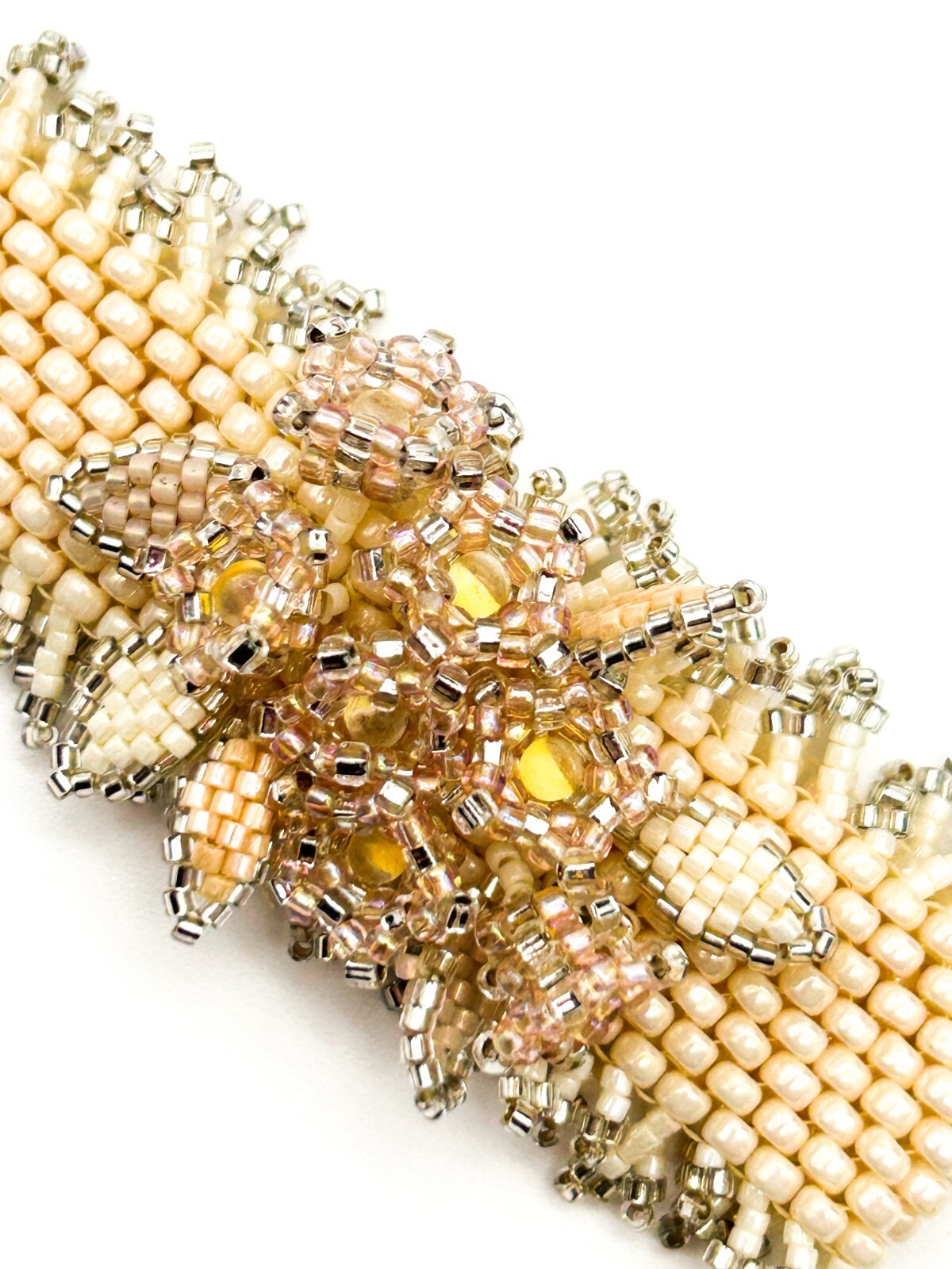 Handmade Cream & Peach Seed Bead Floral Cuff Bracelet