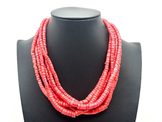 Red Dyed Organic Multi Strand Heishi Disc Beaded Necklace with Gold Tone Clasp