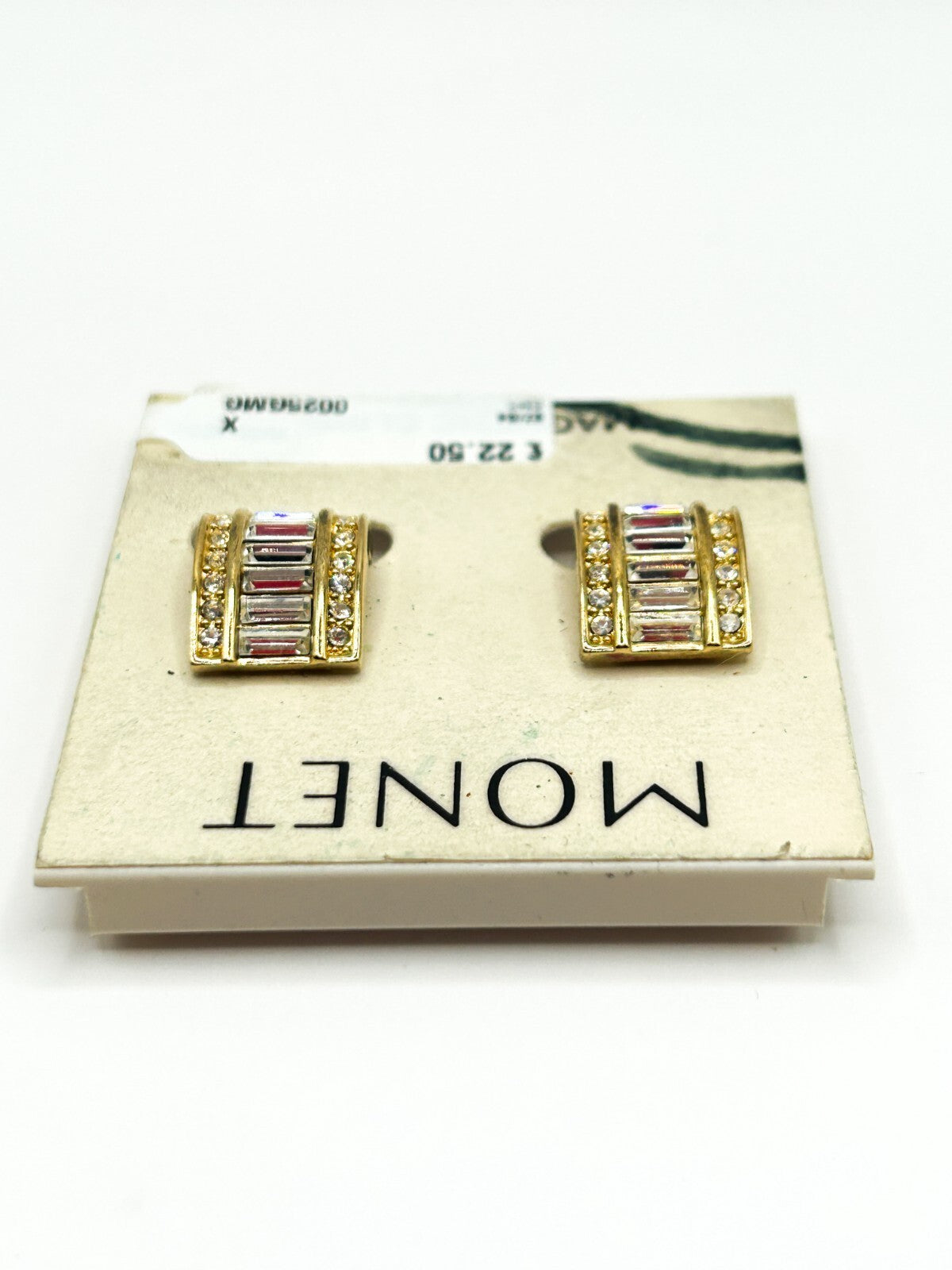 Vintage Monet Gold Tone Baguette Rhinestone Magnetic Earrings Original Card