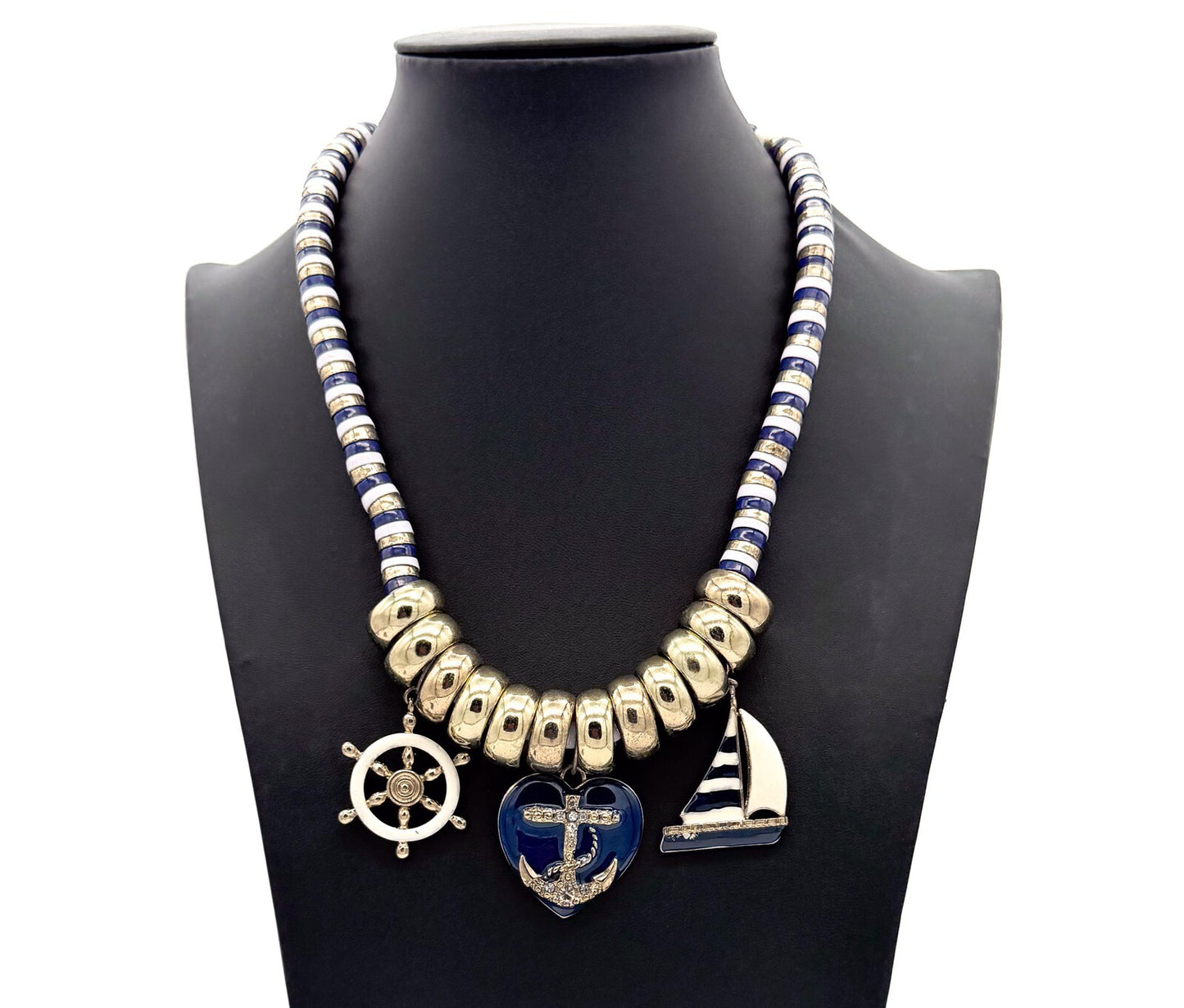 Y2K Nautical Charm Necklace Gold Tone Enamel Anchor Sailboat Statement Summer