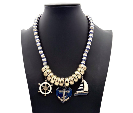 Y2K Nautical Charm Necklace Gold Tone Enamel Anchor Sailboat Statement Summer