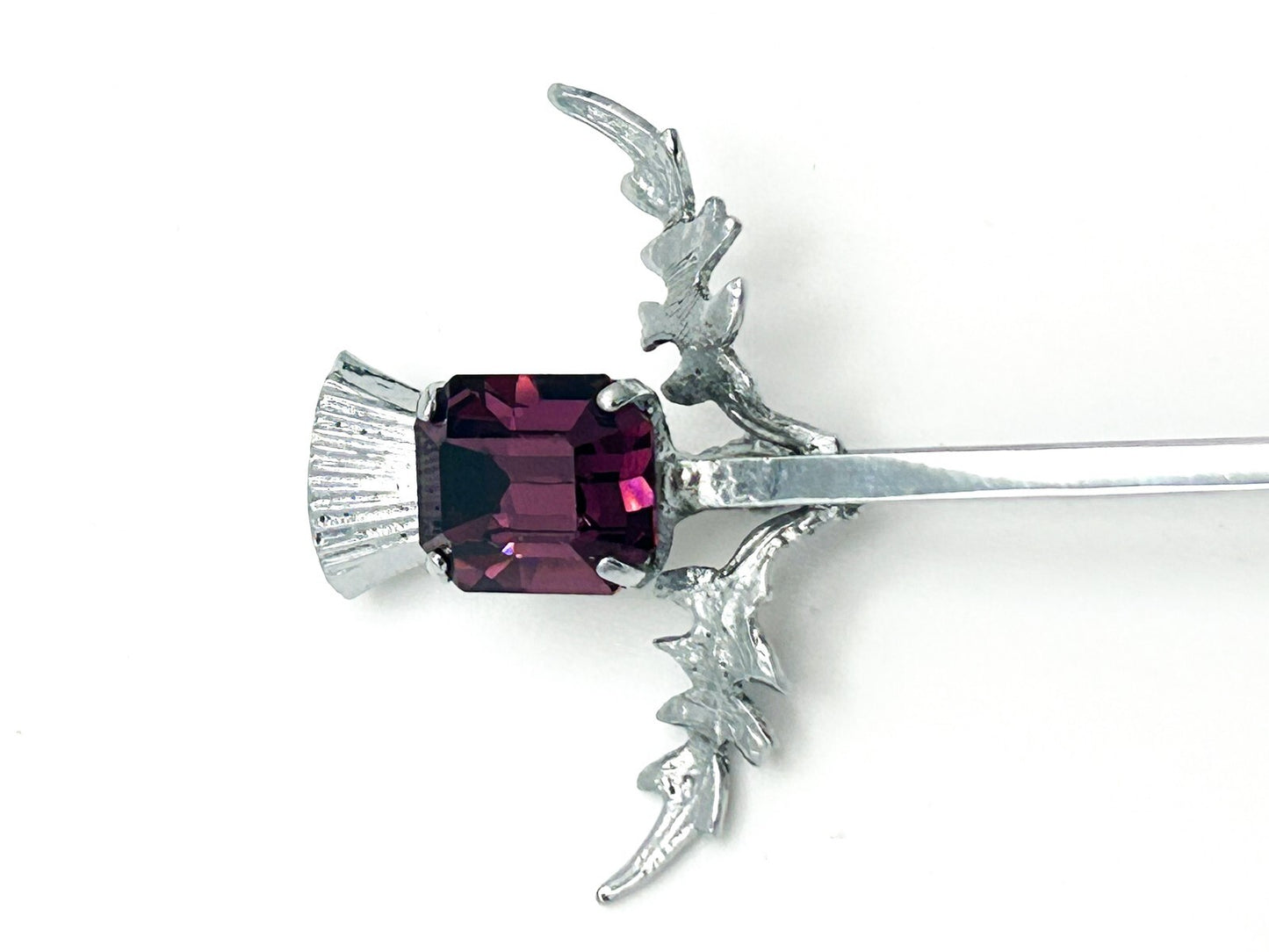 MIZPAH Scottish Thistle Brooch or Kilt Pin Silver Tone & Amethyst Tone Glass