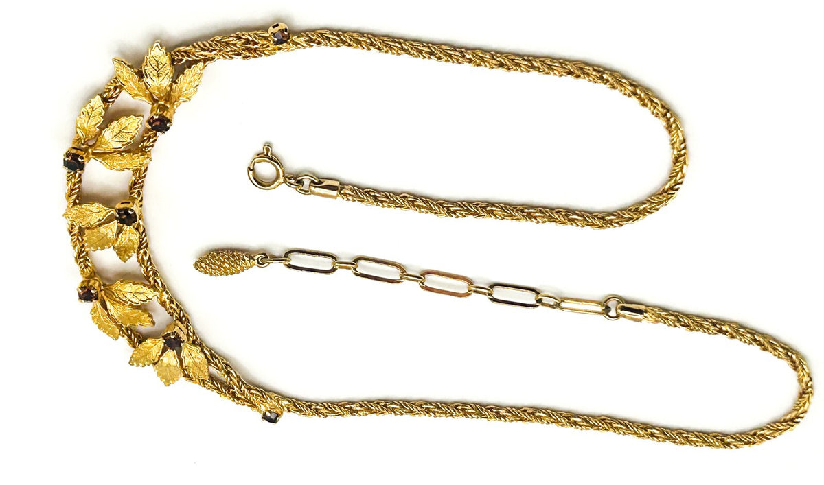 Pennino Gold Tone Leaf Statement Prong-set Faceted Garnet Stone Accent Necklace