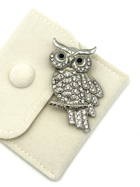 Vintage Rhinestone Owl Brooch Silver Tone Bird Pin Pavé Crystal Animal Jewellery