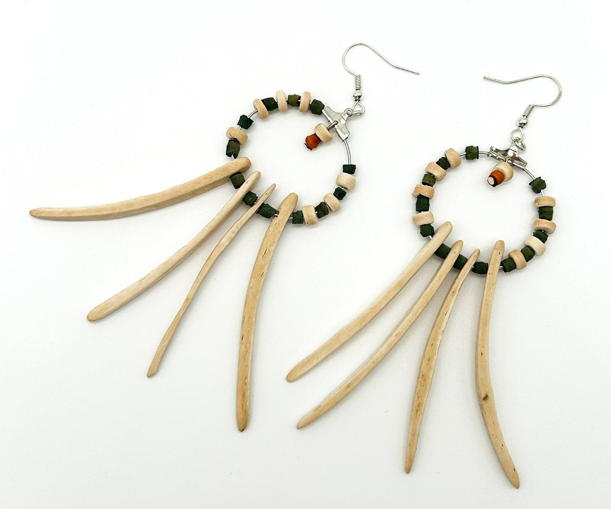 BD-Eye Original Boho Feather & Wood Earring Pair Festival Beach Natural Dangle