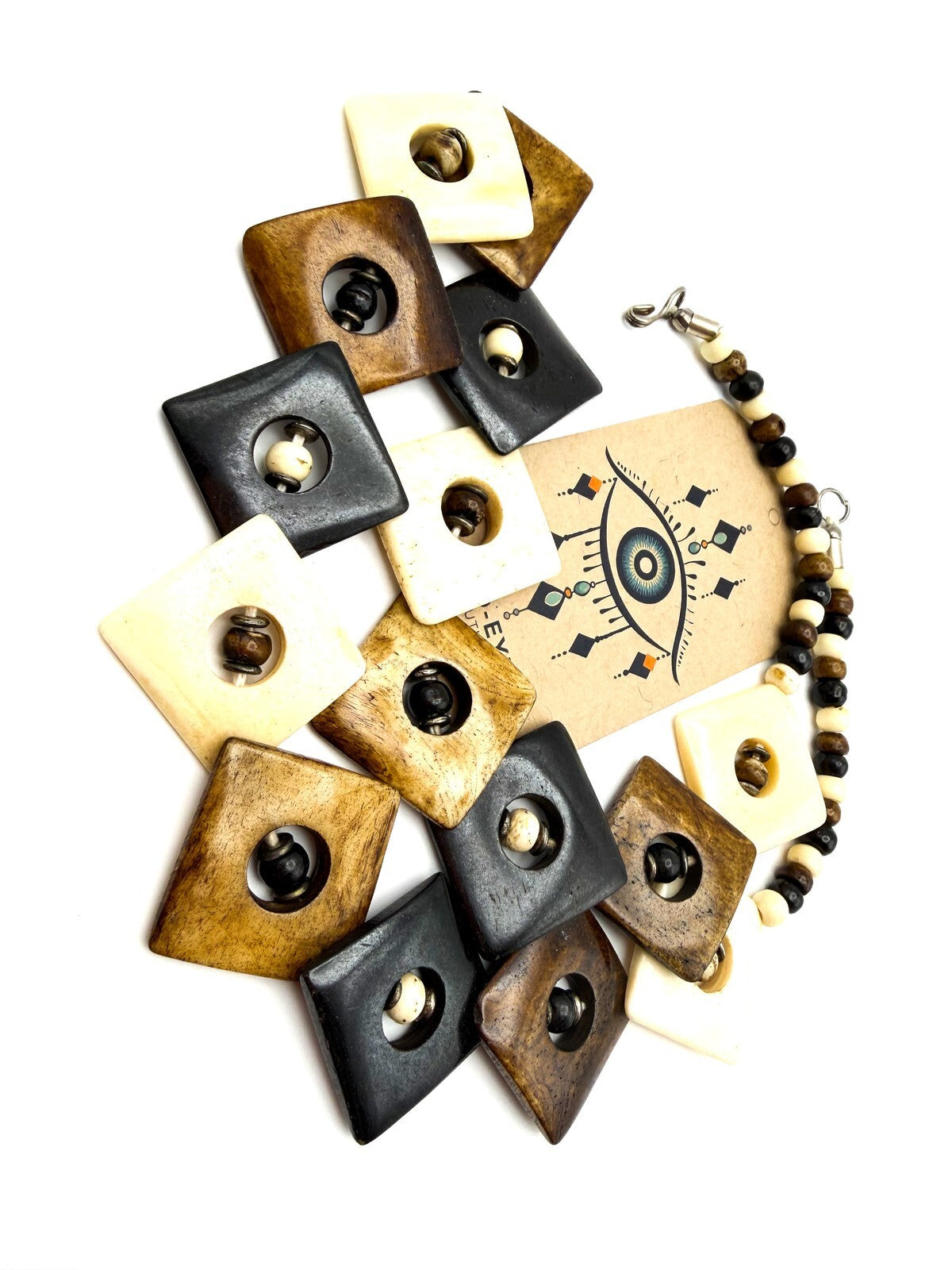 Vintage Organic Material Brown & Cream Inlaid Square Beaded Statement Necklace
