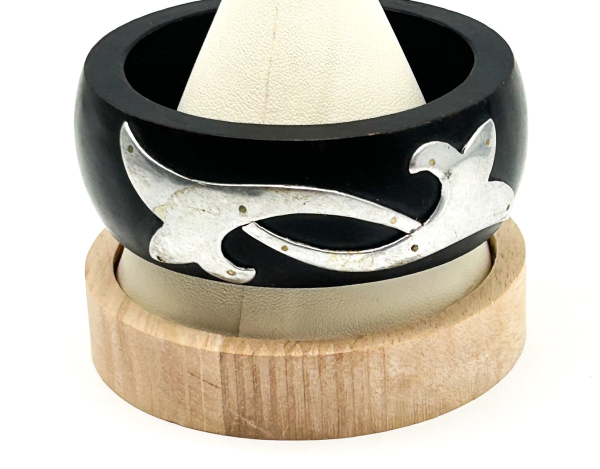 Chunky Dark Wood Bracelet 925 Sterling Silver Tribal Design Overlay Bangle Boho